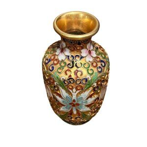 Vintage Cloisonné Enamel Brass Vase With Floral Design Petite Collectible
